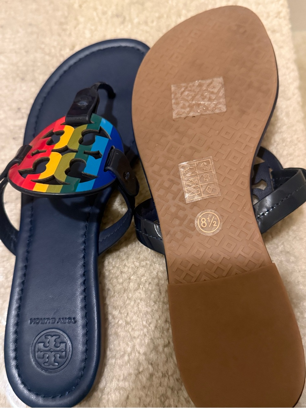 Tory Burch Navy Leather Sandals with Rainbow Logo Thong - Picture 2 of 2